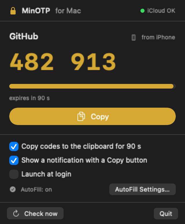 MinOTP for Mac showing the received code